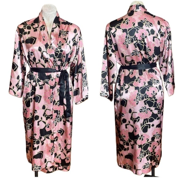 Vintage Cruz Satin Pink Black Mosaic long Floral long sleeve belted Robe sz S